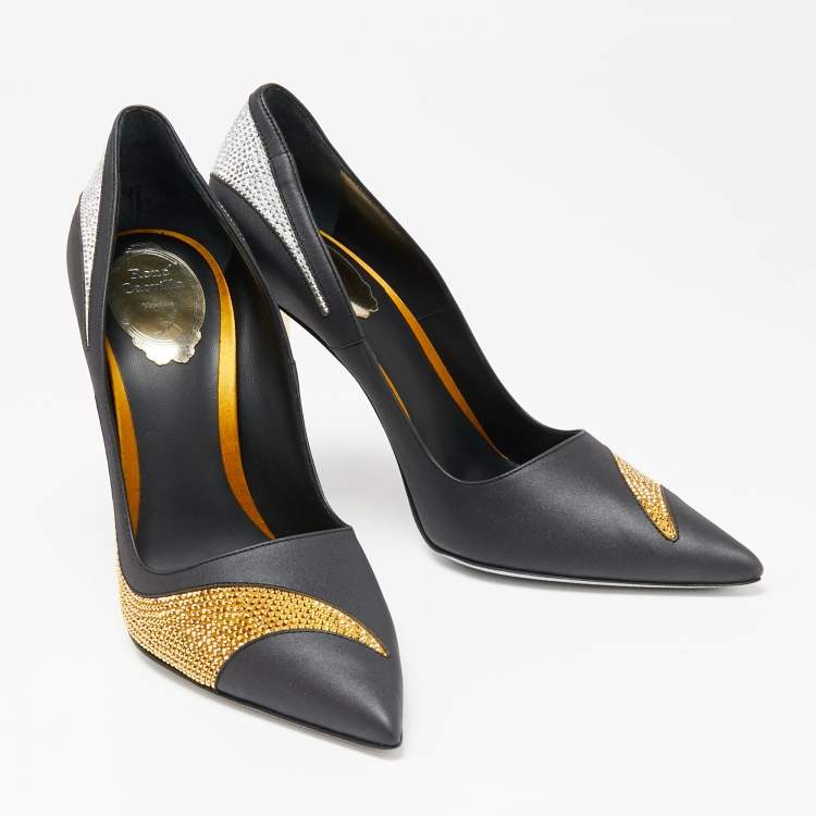 Pre Owned René Caovilla Black Leather Crystal Embellished Pointed Pumps Size 41