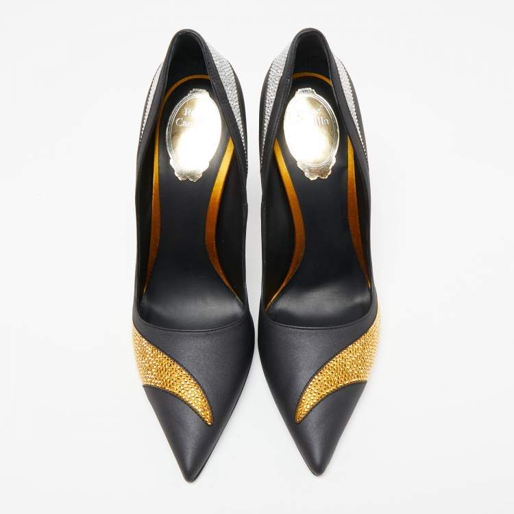 Pre Owned René Caovilla Black Leather Crystal Embellished Pointed Pumps Size 41