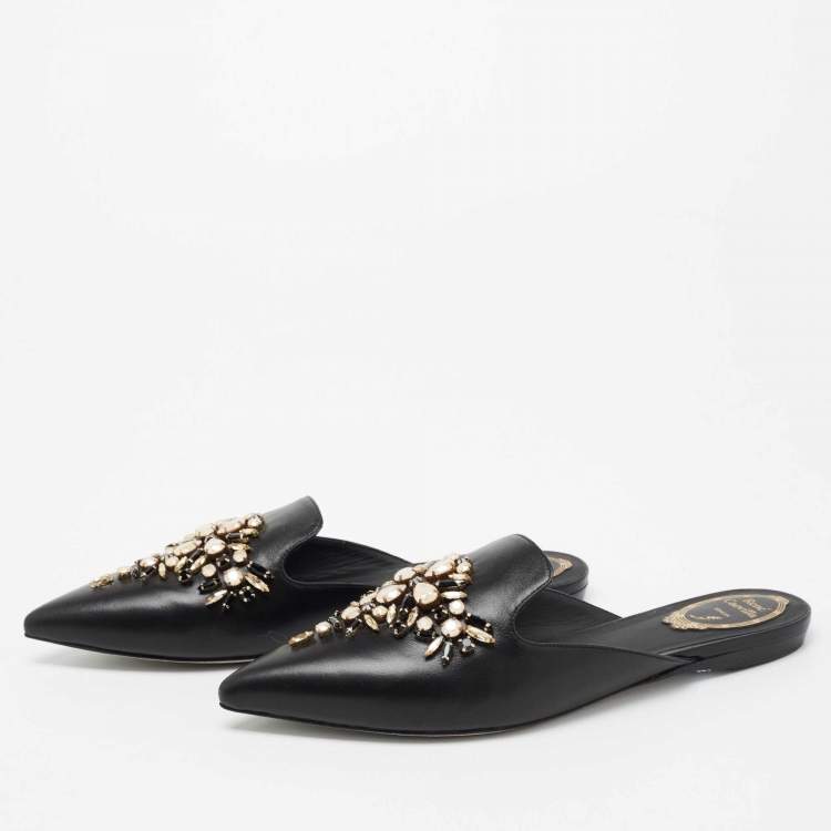 Pre Owned Rene Caovilla Black Leather Crystal Embellished Pointed Toe Flat Mules Size 39.5