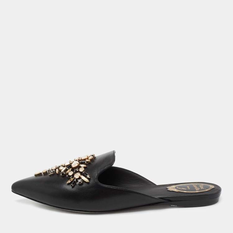 Pre Owned Rene Caovilla Black Leather Crystal Embellished Pointed Toe Flat Mules Size 39.5