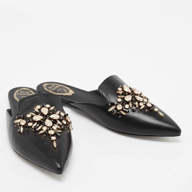 Pre Owned Rene Caovilla Black Leather Crystal Embellished Pointed Toe Flat Mules Size 39.5