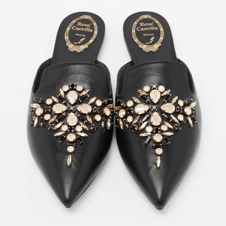 Pre Owned Rene Caovilla Black Leather Crystal Embellished Pointed Toe Flat Mules Size 39.5