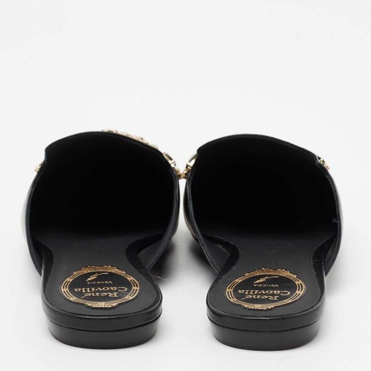 Pre Owned Rene Caovilla Black Leather Crystal Embellished Pointed Toe Flat Mules Size 39.5