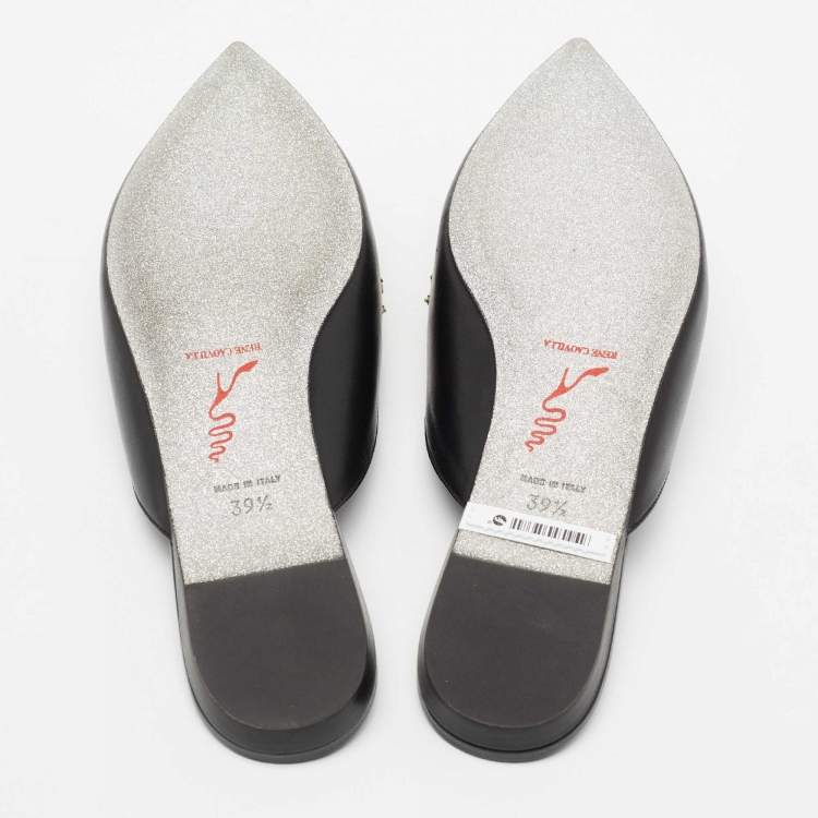 Pre Owned Rene Caovilla Black Leather Crystal Embellished Pointed Toe Flat Mules Size 39.5