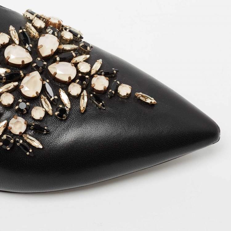 Pre Owned Rene Caovilla Black Leather Crystal Embellished Pointed Toe Flat Mules Size 39.5