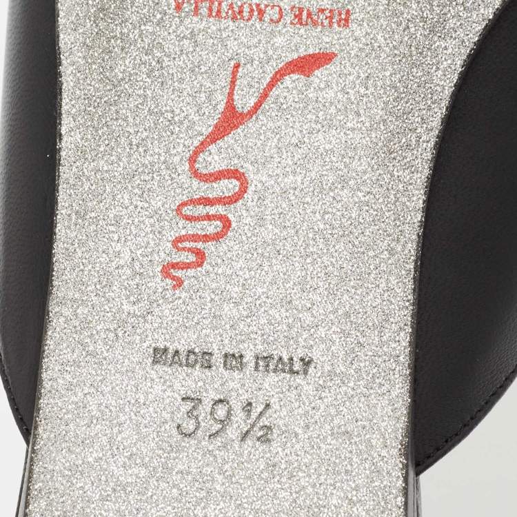 Pre Owned Rene Caovilla Black Leather Crystal Embellished Pointed Toe Flat Mules Size 39.5