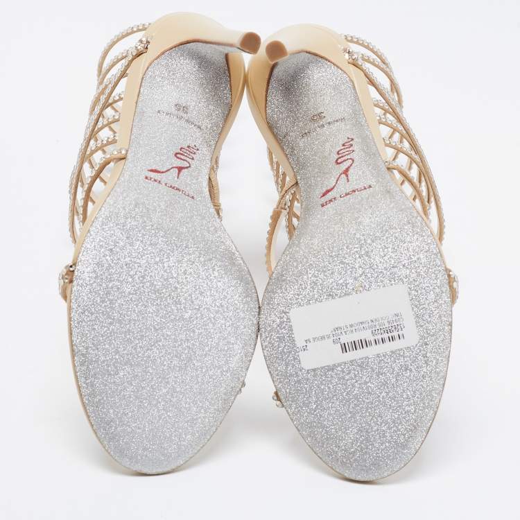 مملوكة مسبقًا René Caovilla Metallic Gold Leather And Satin Cleo Crystal-Embellished Sandals Size 35