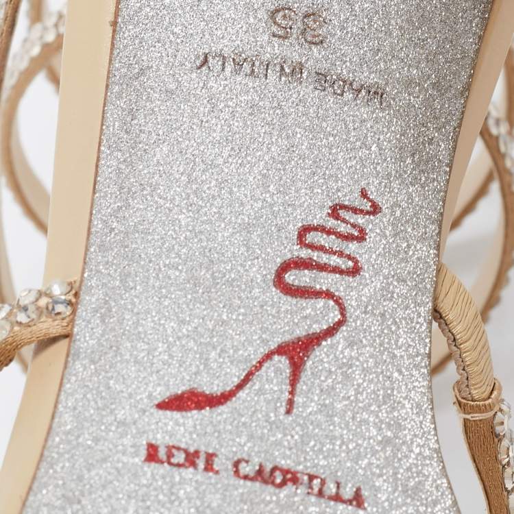 مملوكة مسبقًا René Caovilla Metallic Gold Leather And Satin Cleo Crystal-Embellished Sandals Size 35