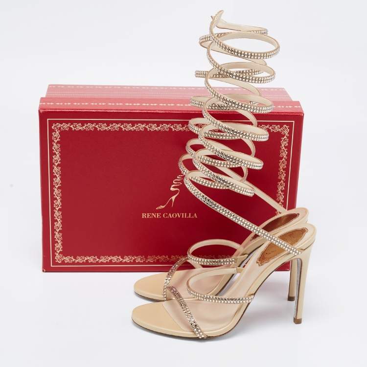 مملوكة مسبقًا René Caovilla Metallic Gold Leather And Satin Cleo Crystal-Embellished Sandals Size 35