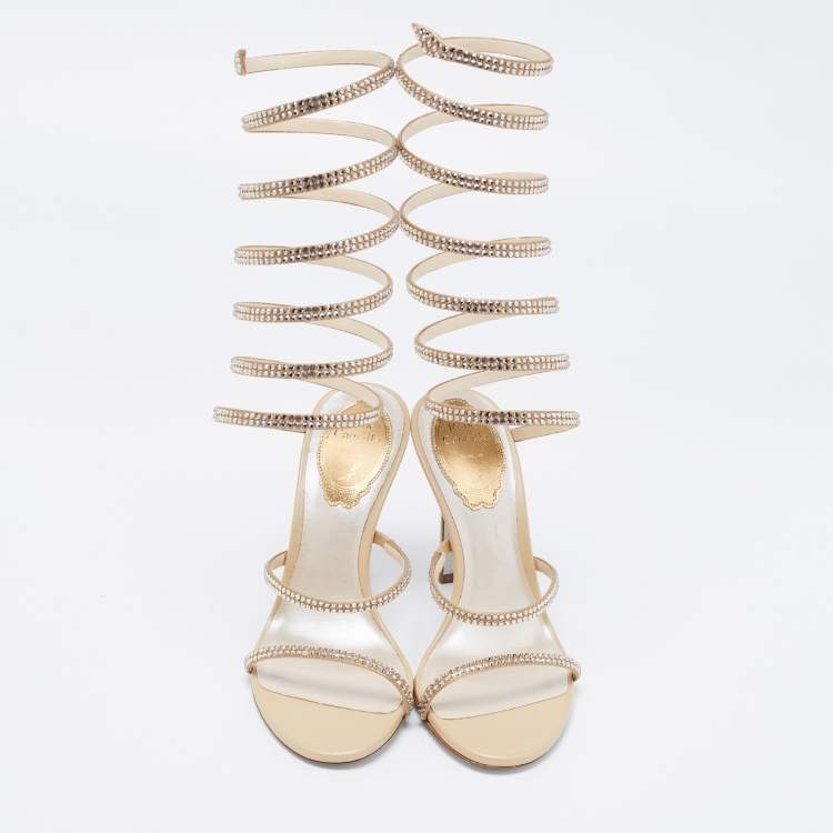 مملوكة مسبقًا René Caovilla Metallic Gold Leather And Satin Cleo Crystal-Embellished Sandals Size 35
