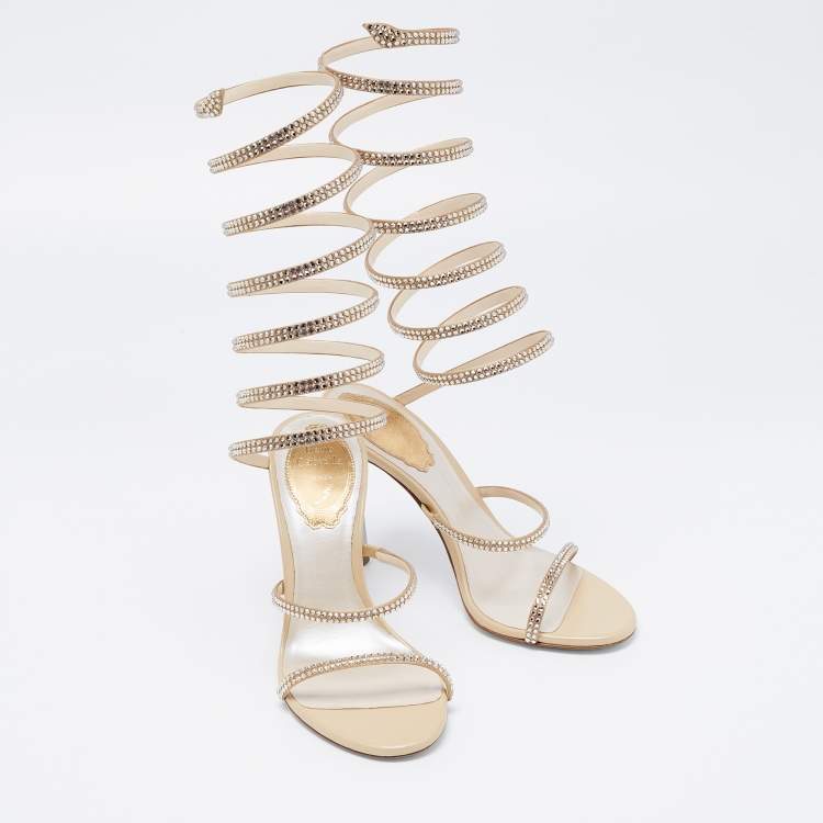 مملوكة مسبقًا René Caovilla Metallic Gold Leather And Satin Cleo Crystal-Embellished Sandals Size 35
