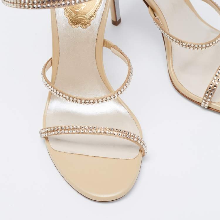 مملوكة مسبقًا René Caovilla Metallic Gold Leather And Satin Cleo Crystal-Embellished Sandals Size 35