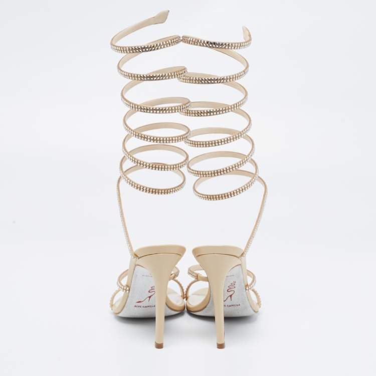 مملوكة مسبقًا René Caovilla Metallic Gold Leather And Satin Cleo Crystal-Embellished Sandals Size 35