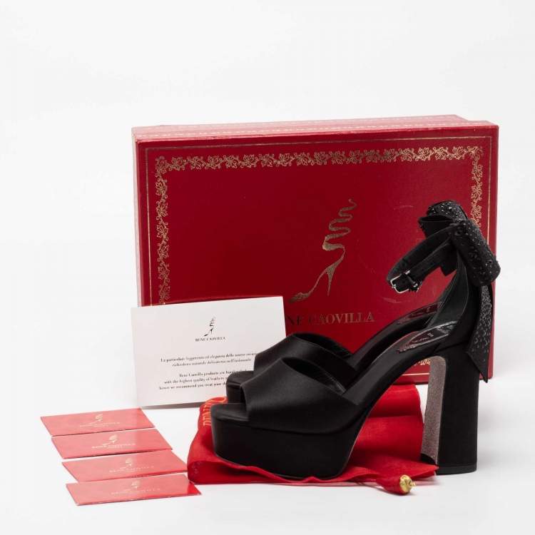 مملوكة مسبقًا René Caovilla Black Satin Bow Detail Ankle Strap Block Heel  Sandals Size 36 