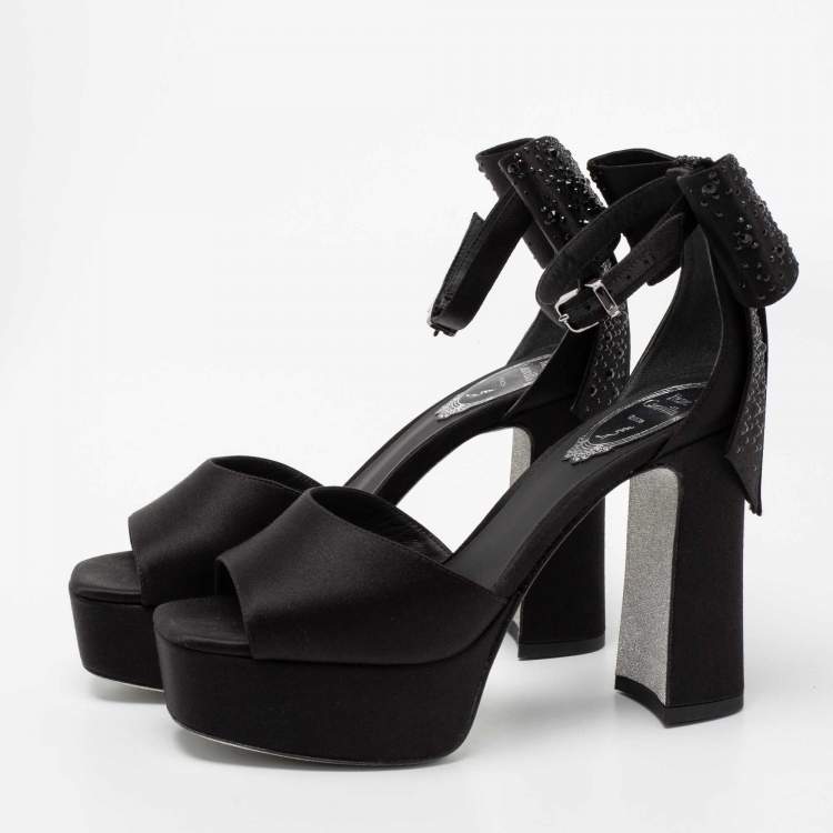 مملوكة مسبقًا René Caovilla Black Satin Bow Detail Ankle Strap Block Heel  Sandals Size 36 