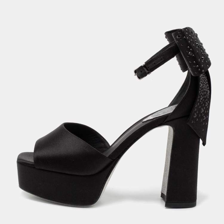مملوكة مسبقًا René Caovilla Black Satin Bow Detail Ankle Strap Block Heel  Sandals Size 36 