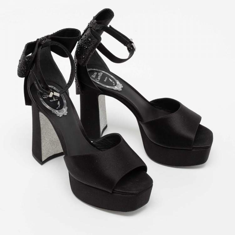 مملوكة مسبقًا René Caovilla Black Satin Bow Detail Ankle Strap Block Heel  Sandals Size 36 