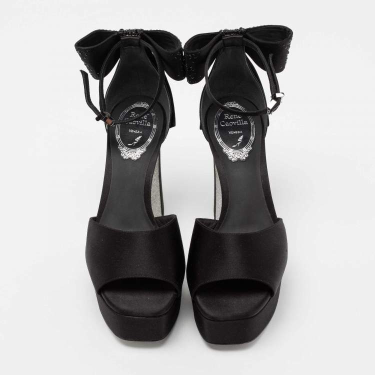 مملوكة مسبقًا René Caovilla Black Satin Bow Detail Ankle Strap Block Heel  Sandals Size 36 