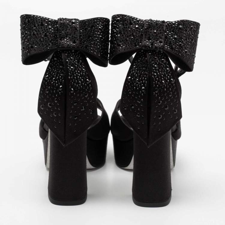 مملوكة مسبقًا René Caovilla Black Satin Bow Detail Ankle Strap Block Heel  Sandals Size 36 