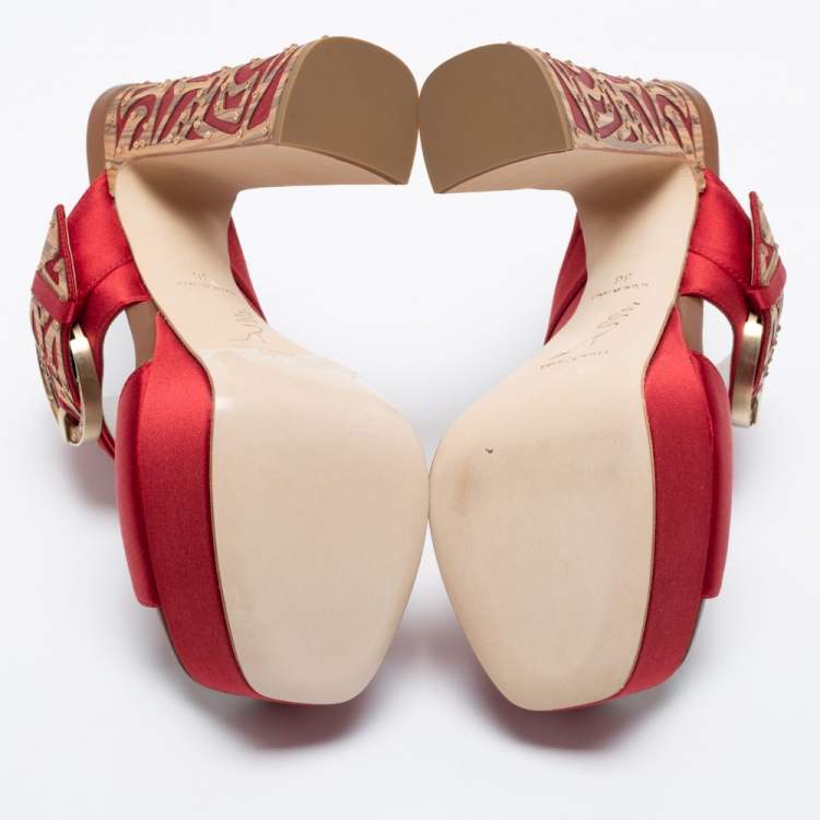 Pre Owned René Caovilla Red Satin Embellished Buckle Platform Sandals Size 36