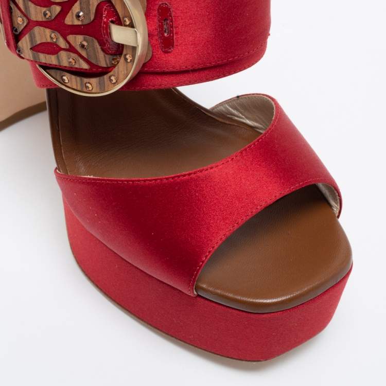 Pre Owned René Caovilla Red Satin Embellished Buckle Platform Sandals Size 36