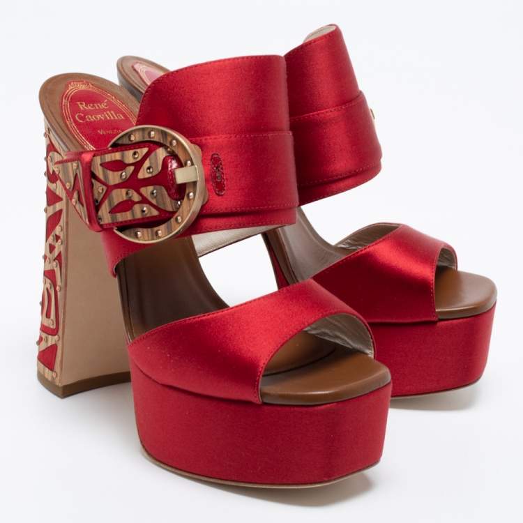 Pre Owned René Caovilla Red Satin Embellished Buckle Platform Sandals Size 36