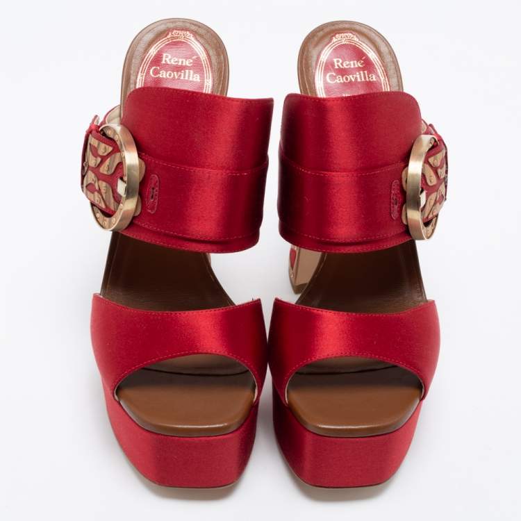 Pre Owned René Caovilla Red Satin Embellished Buckle Platform Sandals Size 36