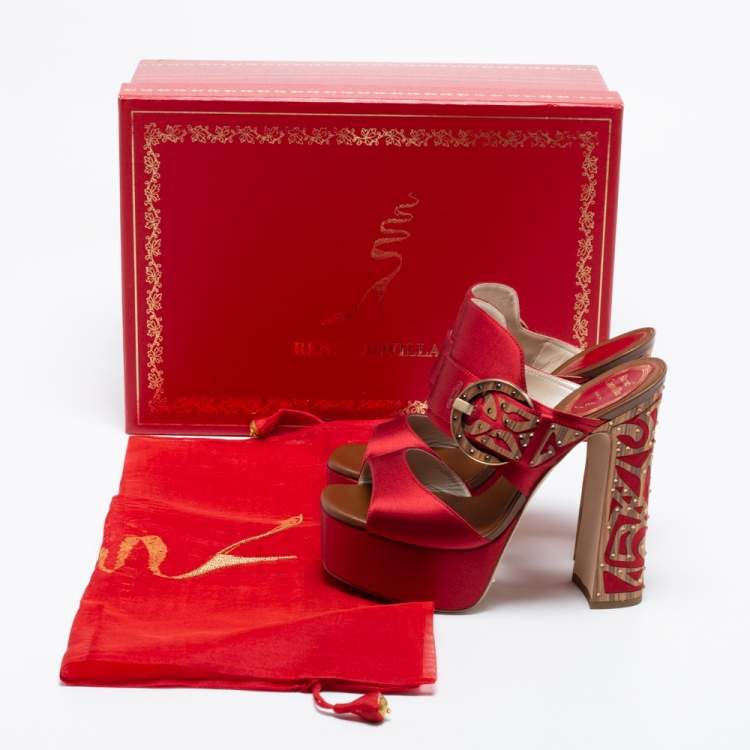 Pre Owned René Caovilla Red Satin Embellished Buckle Platform Sandals Size 36