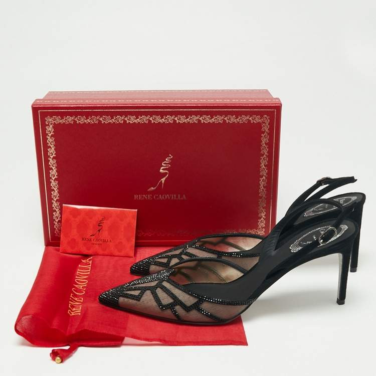 Pre Owned René Caovilla Black Suede And Mesh Nadine Embellishment Slingback Sandals Size 41