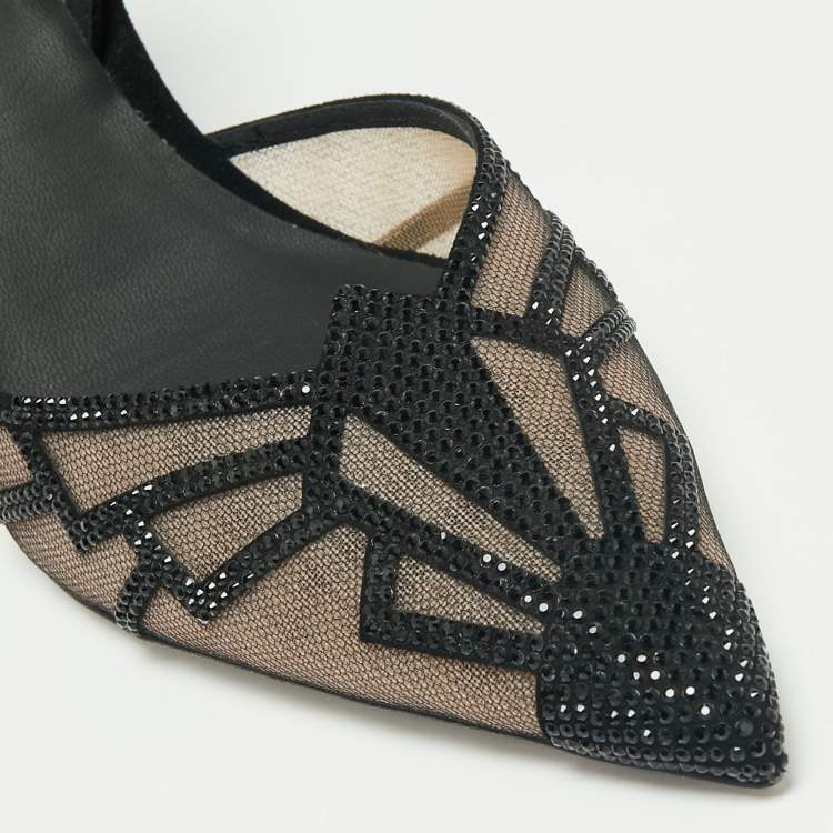 Pre Owned René Caovilla Black Suede And Mesh Nadine Embellishment Slingback Sandals Size 41