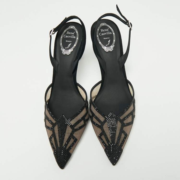 Pre Owned René Caovilla Black Suede And Mesh Nadine Embellishment Slingback Sandals Size 41