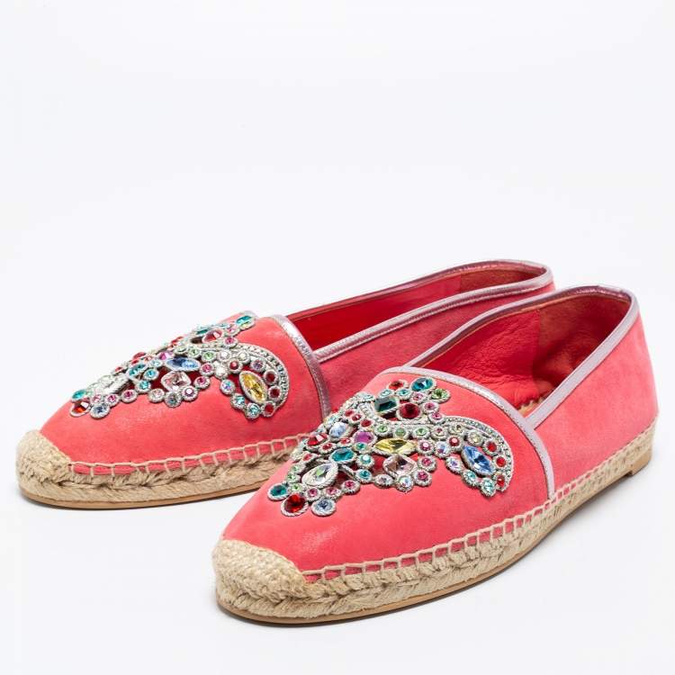 Pre Owned René Caovilla Pink Suede Crystal Embellished Espadrille Flats Size 42