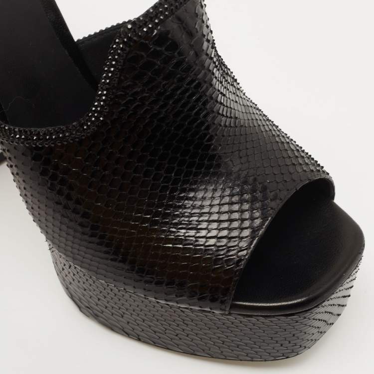 Pre Owned Rene Caovilla Black Snakeskin Leather and Crystal Mule Sandals Size 39