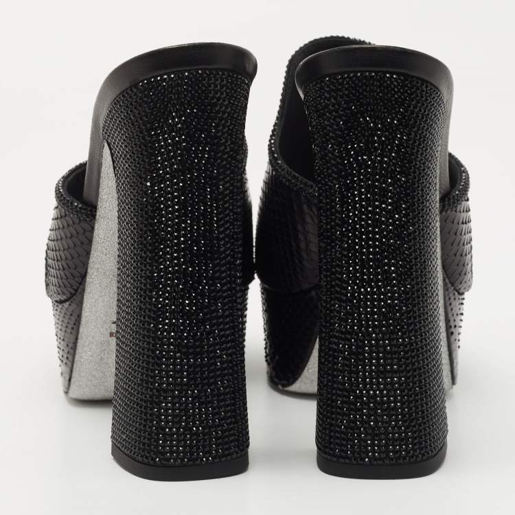 Pre Owned Rene Caovilla Black Snakeskin Leather and Crystal Mule Sandals Size 39