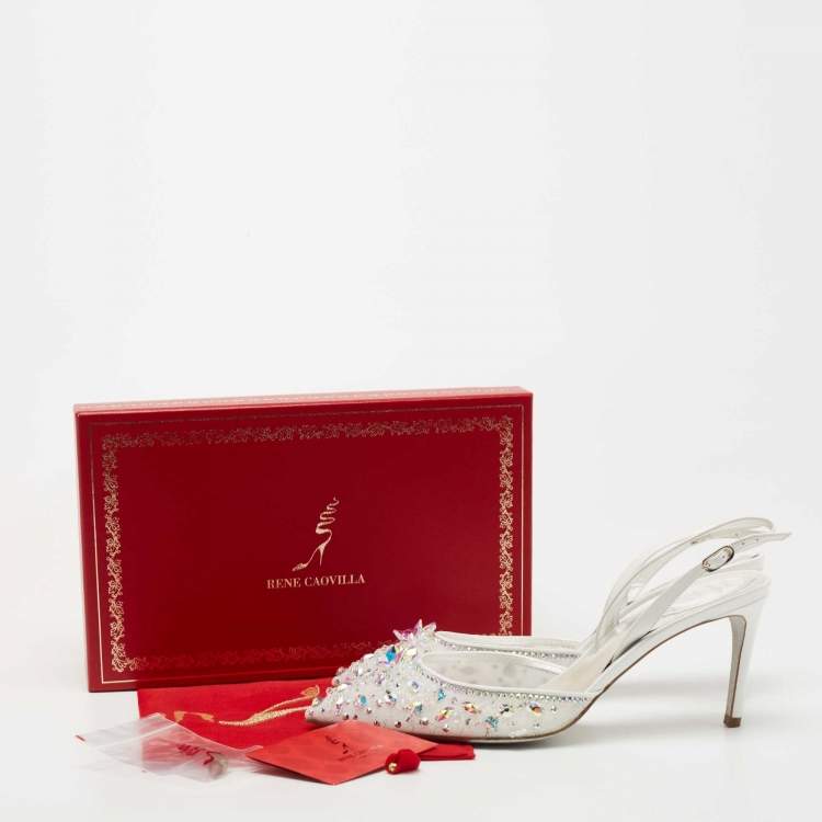 Pre Owned René Caovilla White Crystal Embellished Lace Cinderella Slingback Pumps Size 40
