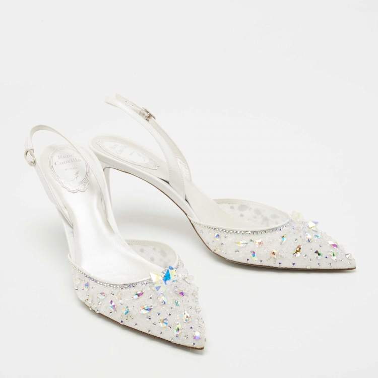 Pre Owned René Caovilla White Crystal Embellished Lace Cinderella Slingback Pumps Size 40