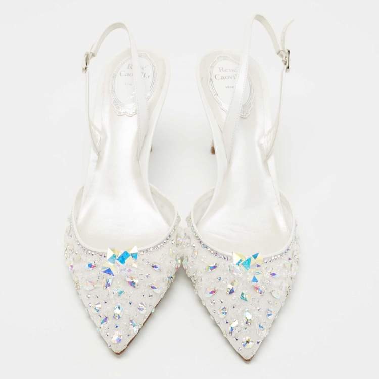 Pre Owned René Caovilla White Crystal Embellished Lace Cinderella Slingback Pumps Size 40