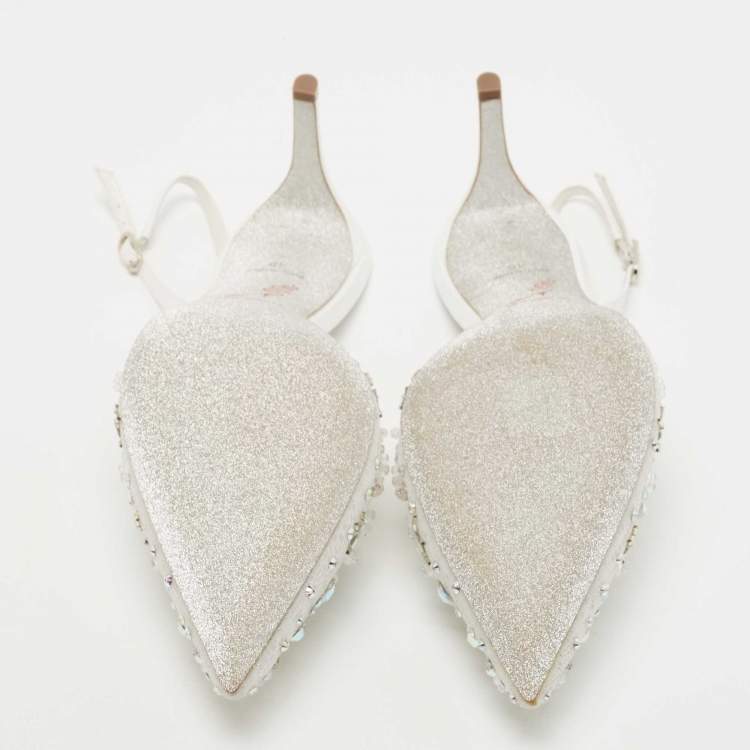 Pre Owned René Caovilla White Crystal Embellished Lace Cinderella Slingback Pumps Size 40