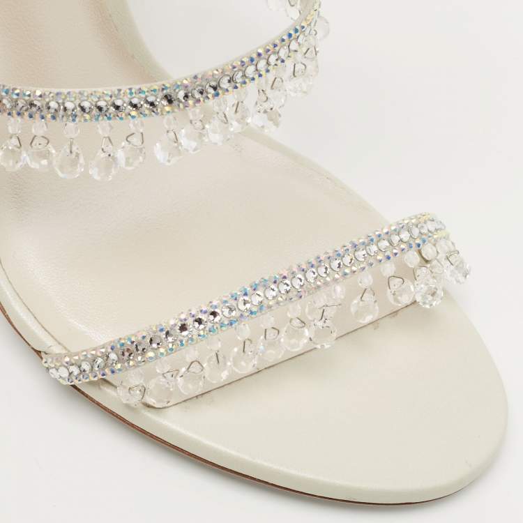 Pre Owned Rene Caovilla White Leather Crystal Embellished Chandelier Ankle Wrap Sandals Size 38