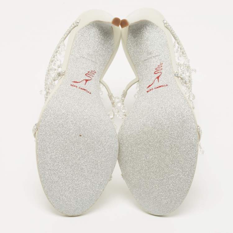Pre Owned Rene Caovilla White Leather Crystal Embellished Chandelier Ankle Wrap Sandals Size 38