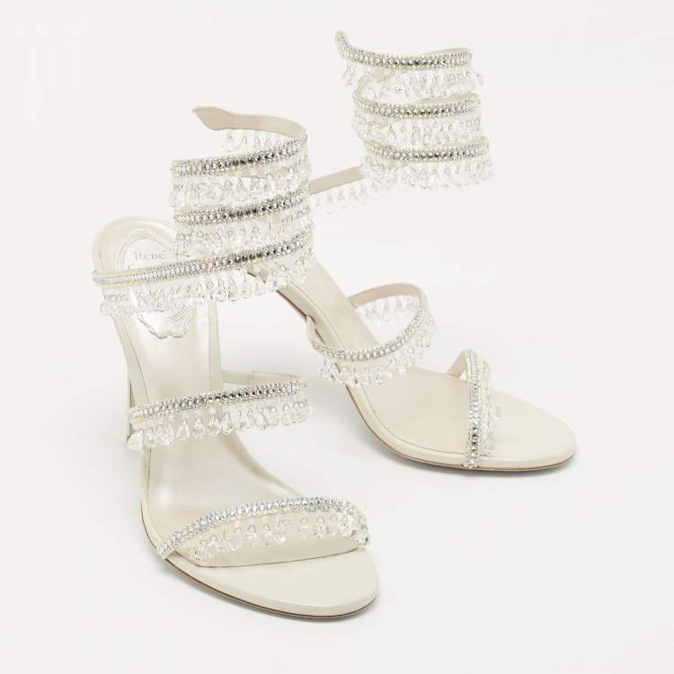 Pre Owned Rene Caovilla White Leather Crystal Embellished Chandelier Ankle Wrap Sandals Size 38
