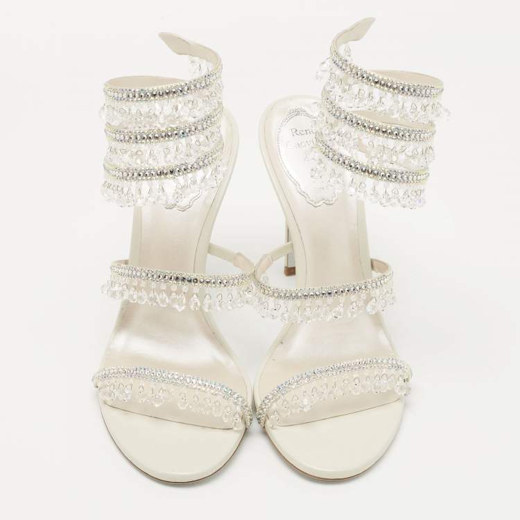 Pre Owned Rene Caovilla White Leather Crystal Embellished Chandelier Ankle Wrap Sandals Size 38