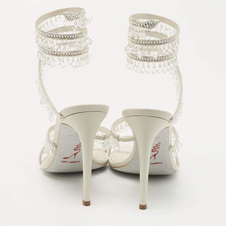 Pre Owned Rene Caovilla White Leather Crystal Embellished Chandelier Ankle Wrap Sandals Size 38