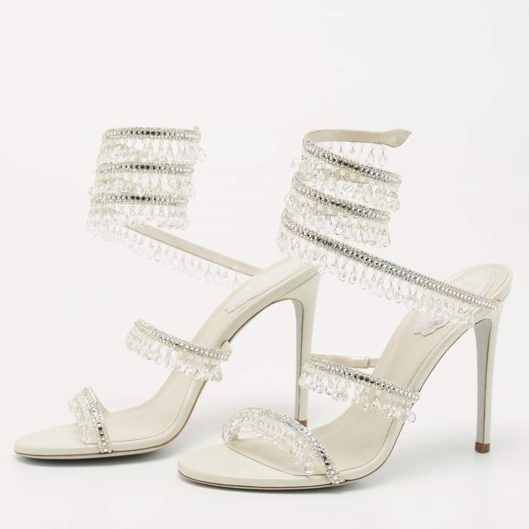 Pre Owned Rene Caovilla White Leather Crystal Embellished Chandelier Ankle Wrap Sandals Size 38