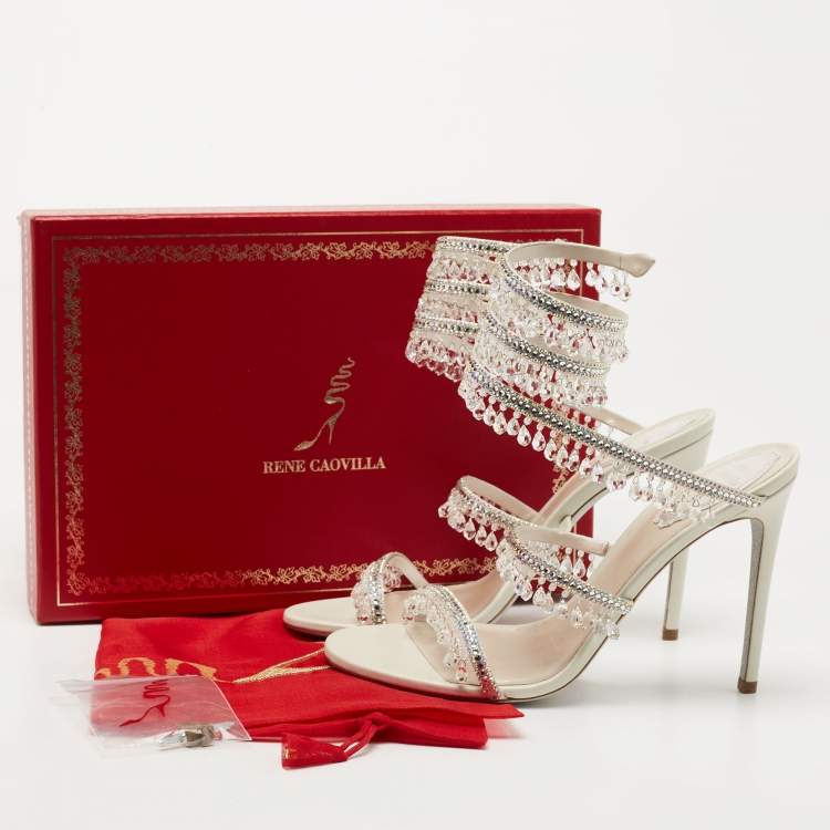 Pre Owned Rene Caovilla White Leather Crystal Embellished Chandelier Ankle Wrap Sandals Size 38