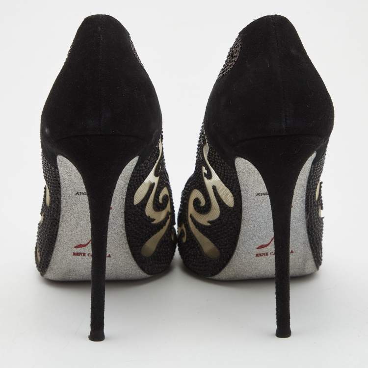Pre Owned Rene Caovilla Black Suede and Mesh Decollete Pumps Size 39