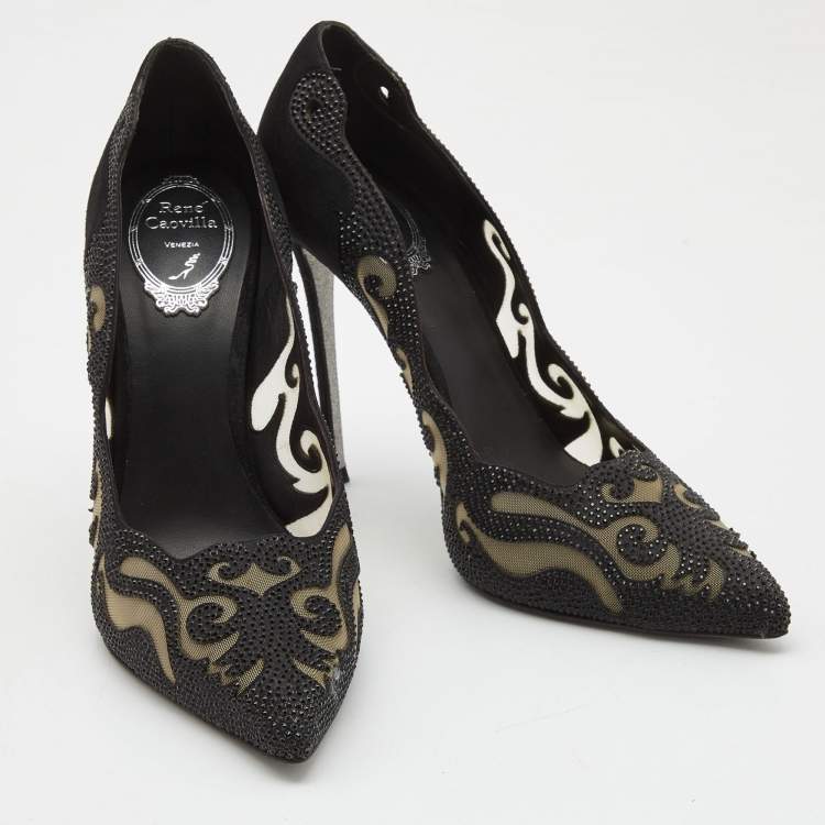 Pre Owned Rene Caovilla Black Suede and Mesh Decollete Pumps Size 39
