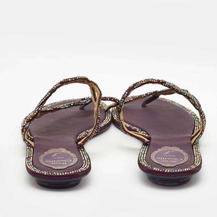 Pre Owned Rene Caovilla Purple/Multicolor Crystal Embellished Satin Toe Ring Flats Size 41