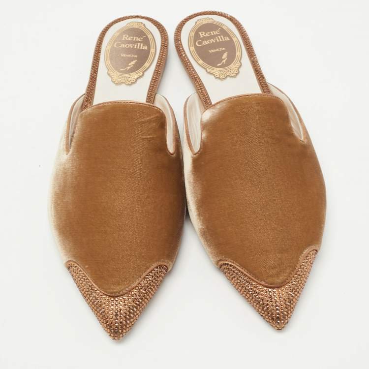 Pre Owned René Caovilla Brown Satin and Crystal Embellished Mules Size 38