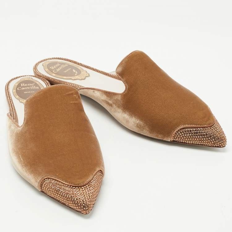 Pre Owned René Caovilla Brown Satin and Crystal Embellished Mules Size 38